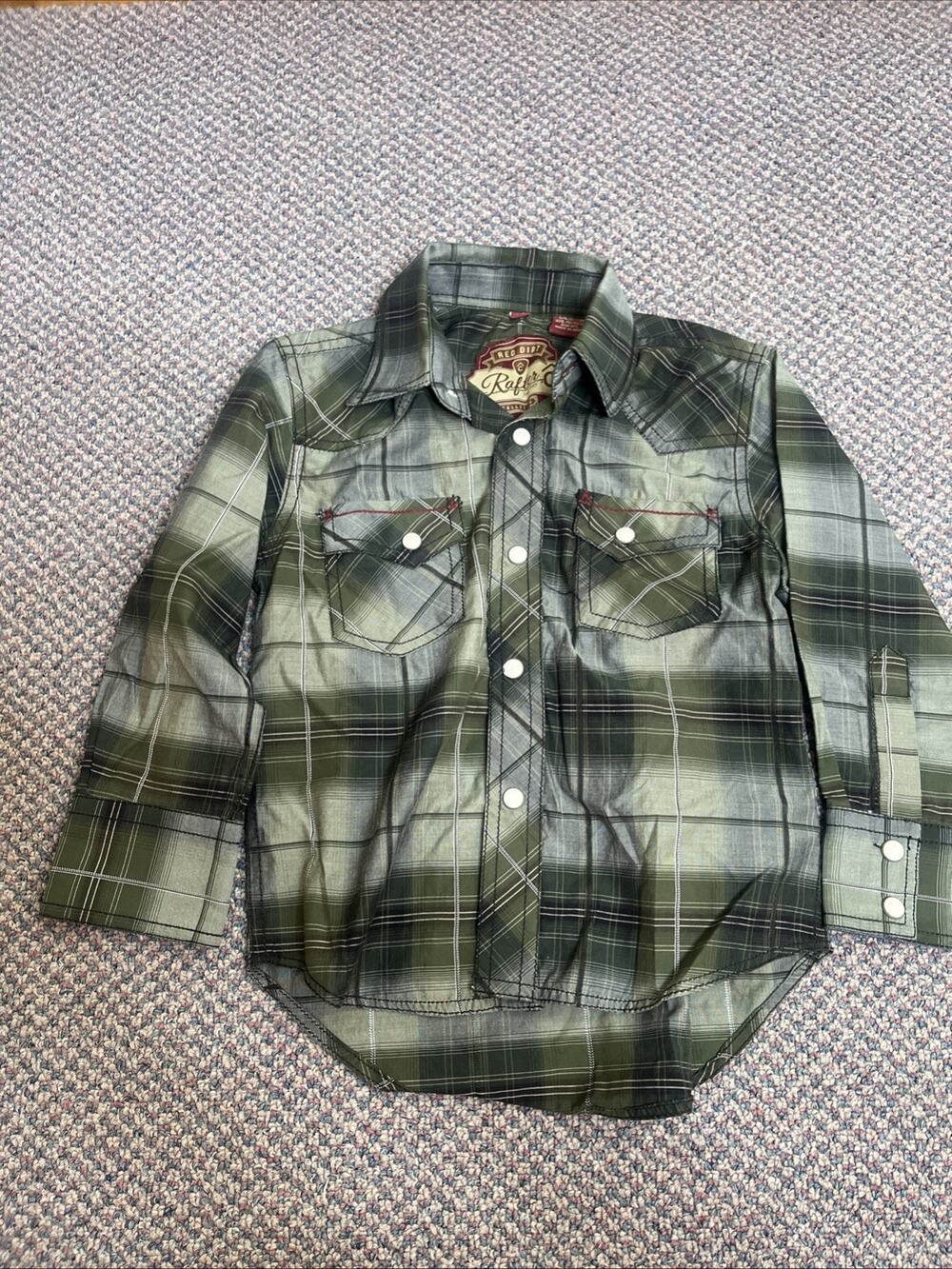 Boys Pearl Snap Plaid Shirt Rafter C Size XS (4T) Green & Black Western Wear